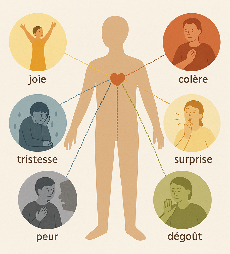 Dessin d'un garçon avec autour de lui une illustration de chacune des émotions primaires